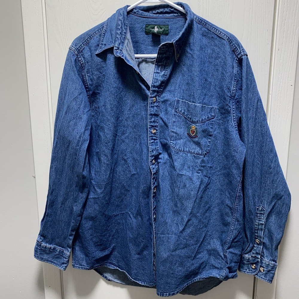 Vtg‎ 90s Hunt Club blue denim jean shirt Long Sleeve Large